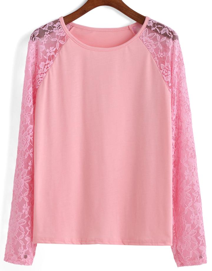 Romwe Lace Insert Long Sleeve Top