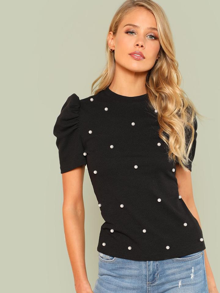 Romwe Pearl Embellished Puff Sleeve Tee