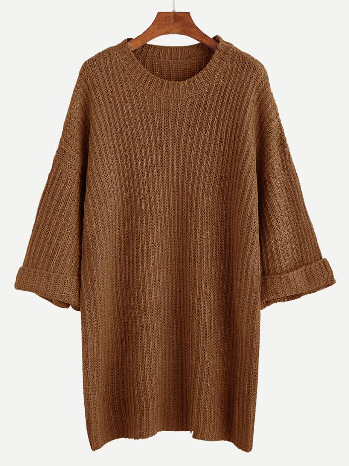 Romwe Khaki Dropped Shoulder Seam Cuffed Sweater Dress