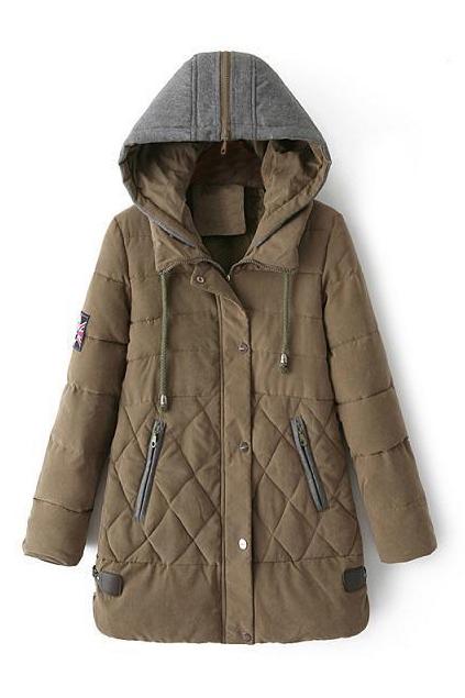 Romwe Zippered Drawstring Hoodied Down Coat