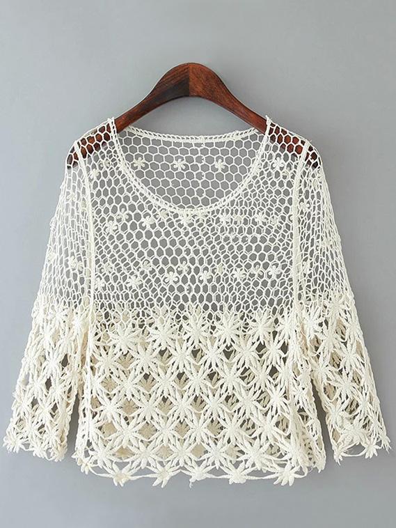 Romwe Beige Long Sleeve Hollow Crochet Lace Blouse