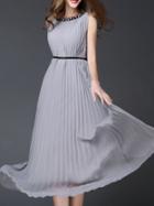 Romwe Grey Beading Belted Pleated Maxi Dress