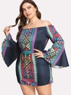 Romwe Geometric Print Bell Sleeve Off Shoulder Dress