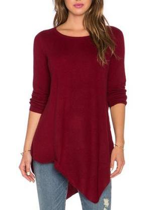 Romwe Long Sleeve Asymmetrical Burgundy T-shirt