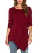 Romwe Long Sleeve Asymmetrical Burgundy T-shirt