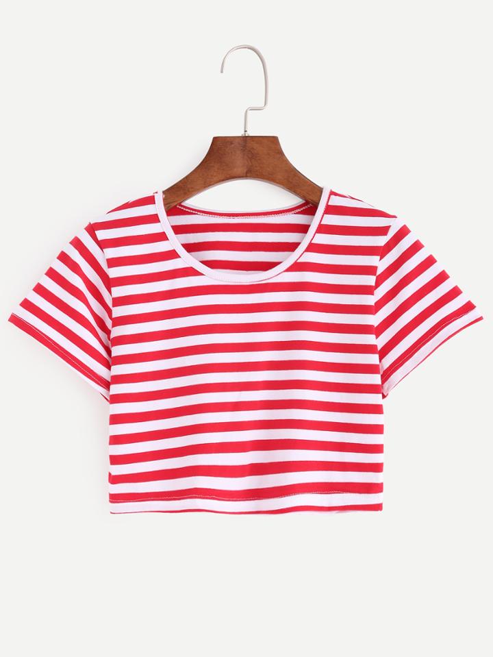 Romwe Red White Striped Crop T-shirt
