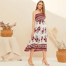 Romwe Floral Print Shirred Tube Dress
