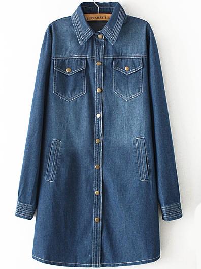 Romwe Lapel Pockets Buttons Denim Blue Coat