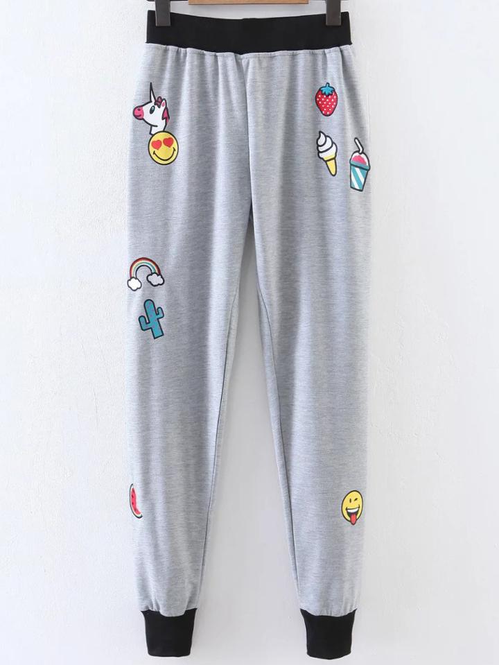 Romwe Grey Cartoon Print Contrast Trim Pants