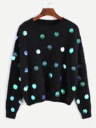 Romwe Black Drop Shoulder Sequin Fuzzy Sweater