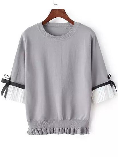 Romwe Contrast Chiffon Fungus Hem Bow Grey Sweater