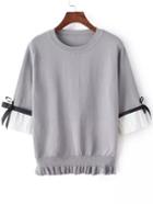 Romwe Contrast Chiffon Fungus Hem Bow Grey Sweater