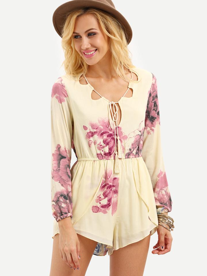 Romwe Tassel Tie-neck Elastic Waist Flower Print Romper - Beige