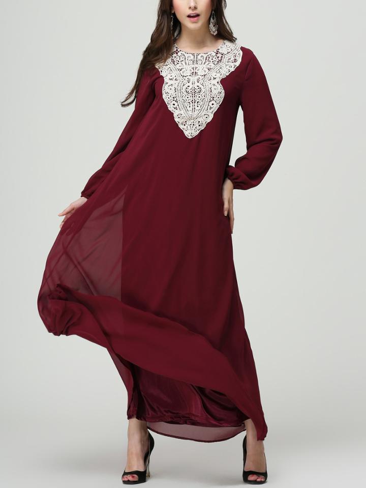 Romwe Burgundy Crochet Applique Lantern Sleeve Long Dress