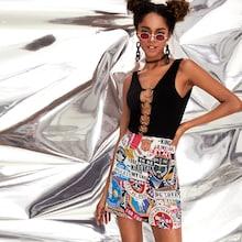 Romwe Scrawl & Letter Print Zipper Back Skirt