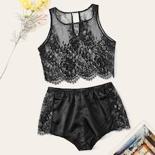 Romwe Floral Lace Top With Satin Shorts