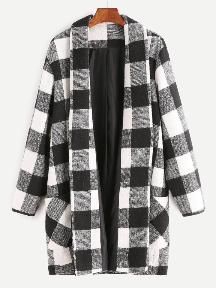 Romwe Black And White Checkered Shawl Collar Coat