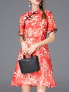 Romwe Red Collar Floral A-line Dress