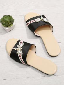 Romwe Rhinestone Dragonfly Satin Slippers