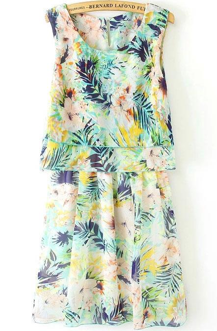 Romwe Sleeveless Ruffle Florals Chiffon Multicolor Dress