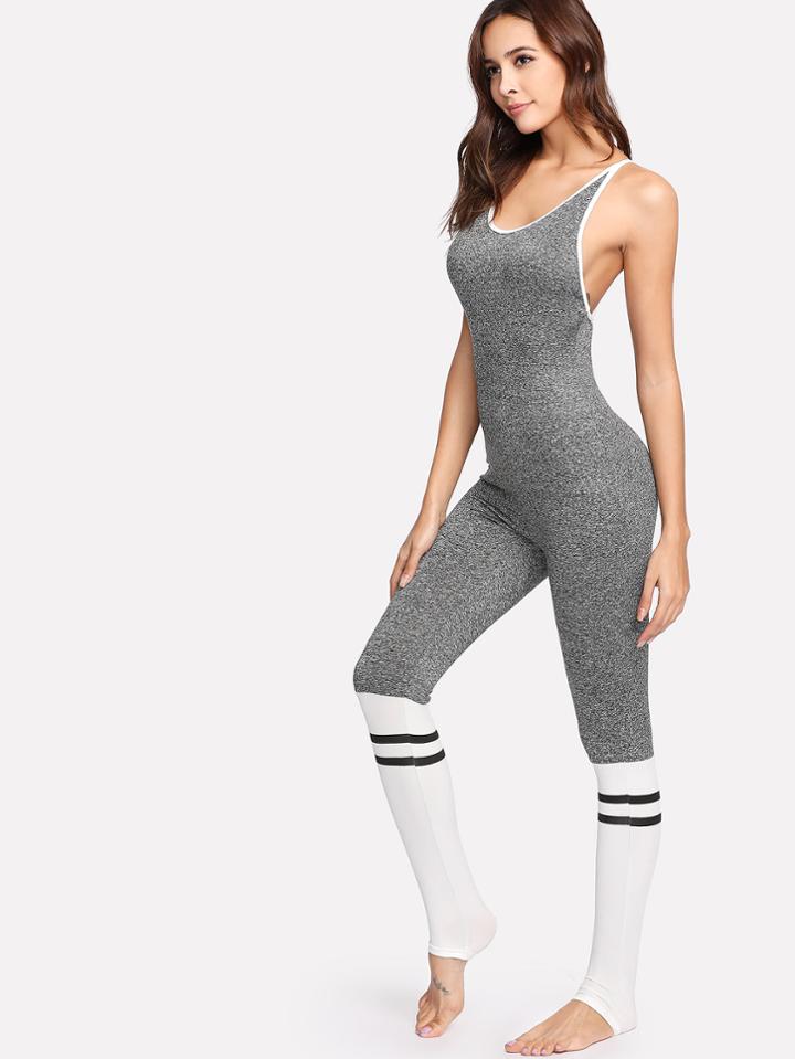 Romwe Cut And Sew Crisscross Back Marled Jumpsuit