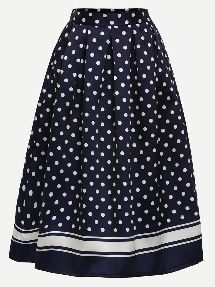 Romwe Polka Dot Print Box Pleated Midi Skirt - Navy