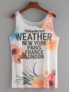 Romwe Letter & Flower Print Mesh Tank Top - White