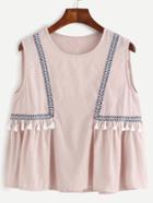 Romwe Pink Embroidered Tape Detail Tassel Trim Top