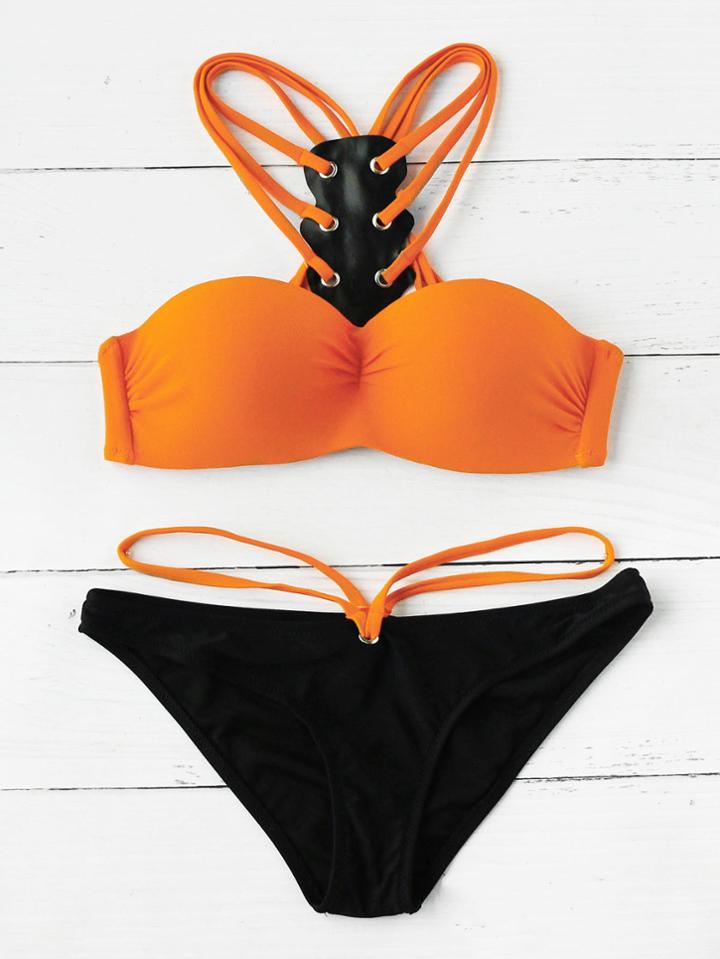 Romwe Color Block Eyelet Strappy Bikini Set