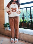 Romwe Bear Embroidered Plush Hoodie & Pants Pj Set