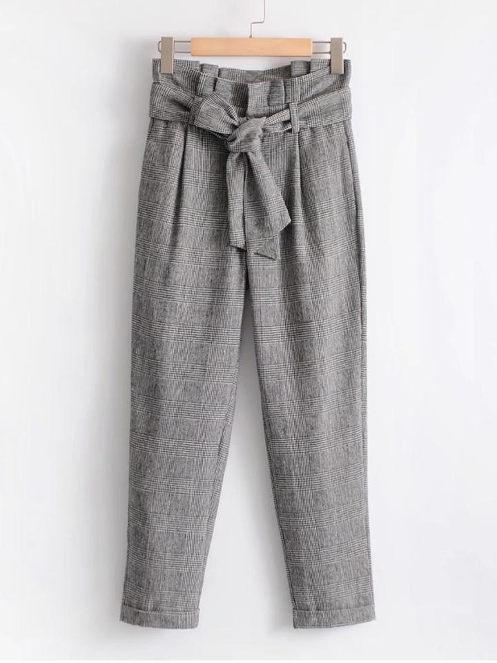 Romwe Ruffle Trim Self Tie Glen Plaid Pants