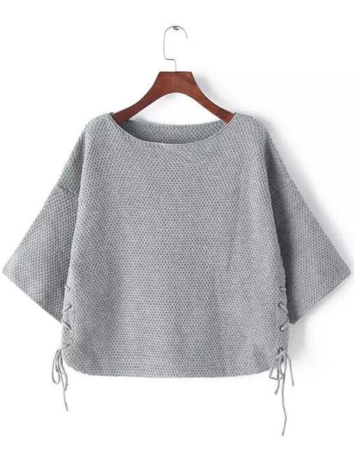 Romwe Half Sleeve Lace Up Grey Sweater