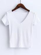 Romwe White V Neck Crop T-shirt