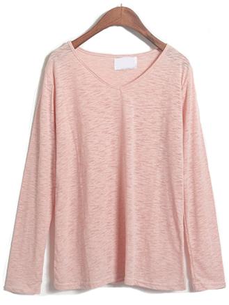 Romwe V Neck Long Sleeve Pink T-shirt