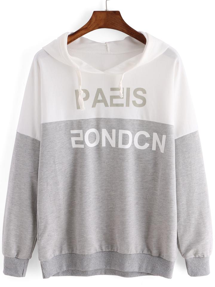 Romwe Contrast Hooded Letters Print Grey Sweatshirt