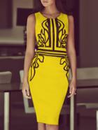 Romwe Sleeveless Abstract Print Official Yellow Dress