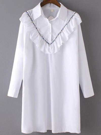 Romwe Ruffle Beaded White Shirt Dress