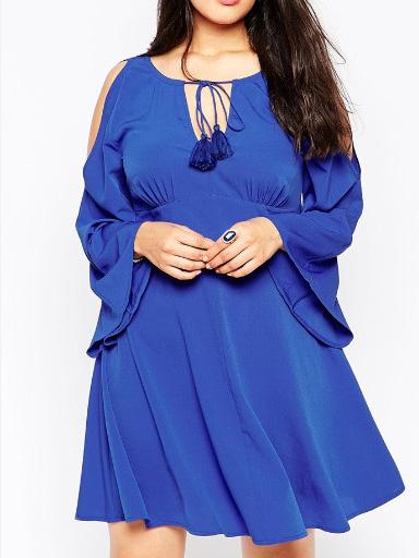 Romwe Bell Sleeve Open Shoulder Skater Blue Dress