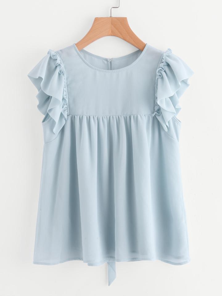 Romwe Tied Mesh Back Ruffle Hem Blouse