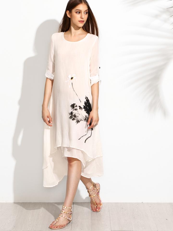 Romwe White Ink Painting Print Roll Tab Sleeve Layered Asymmetric Dress