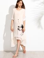 Romwe White Ink Painting Print Roll Tab Sleeve Layered Asymmetric Dress