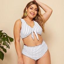 Romwe Plus Striped Lettuce Trim Knot Bikini Set