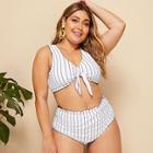 Romwe Plus Striped Lettuce Trim Knot Bikini Set