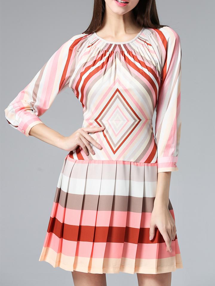 Romwe Multicolor Geometric Print Pleated Dress