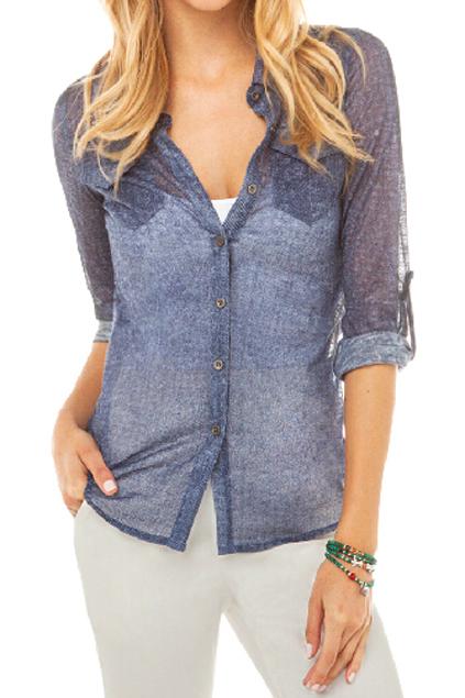 Romwe Romwe Ribbed-cuffs Buttoned Transparent Blue Shirt