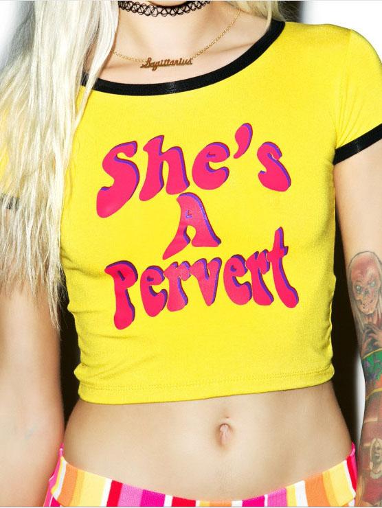 Romwe Contrast Trim Letter Print Yellow Crop T-shirt
