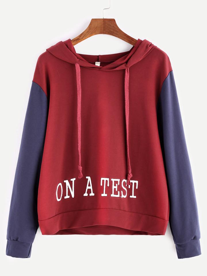 Romwe Burgundy Contrast Sleeve Letter Embroidery Drawstring Hooded Sweatshirt