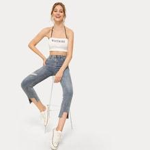 Romwe Ripped Asymmetrical Hem Solid Jeans