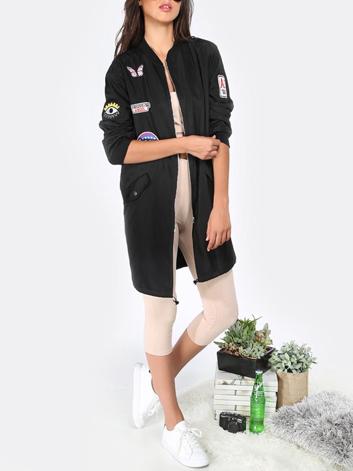 Romwe Black Letters Patch Long Sleeve Zipper Jacket