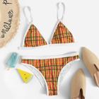 Romwe Plaid Print Triangle Top With Contrast Trim Bikini